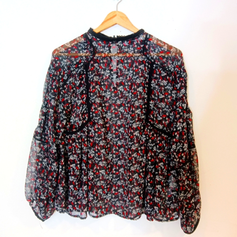 Zara Sheer Bohemian Floral Black Red White Lace Detail Flowy Peasant Top Sz S
